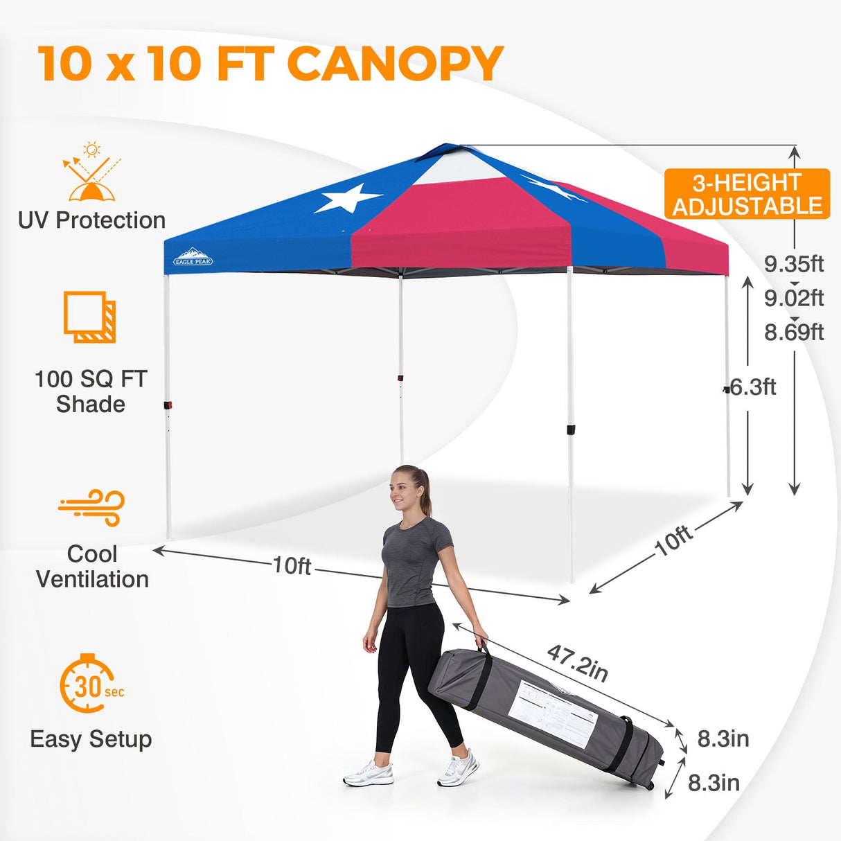 Easy Setup Straight Leg 10x10 Pop Up Canopy Tent w/ 100 sqft of Shade - Eagle Peak®