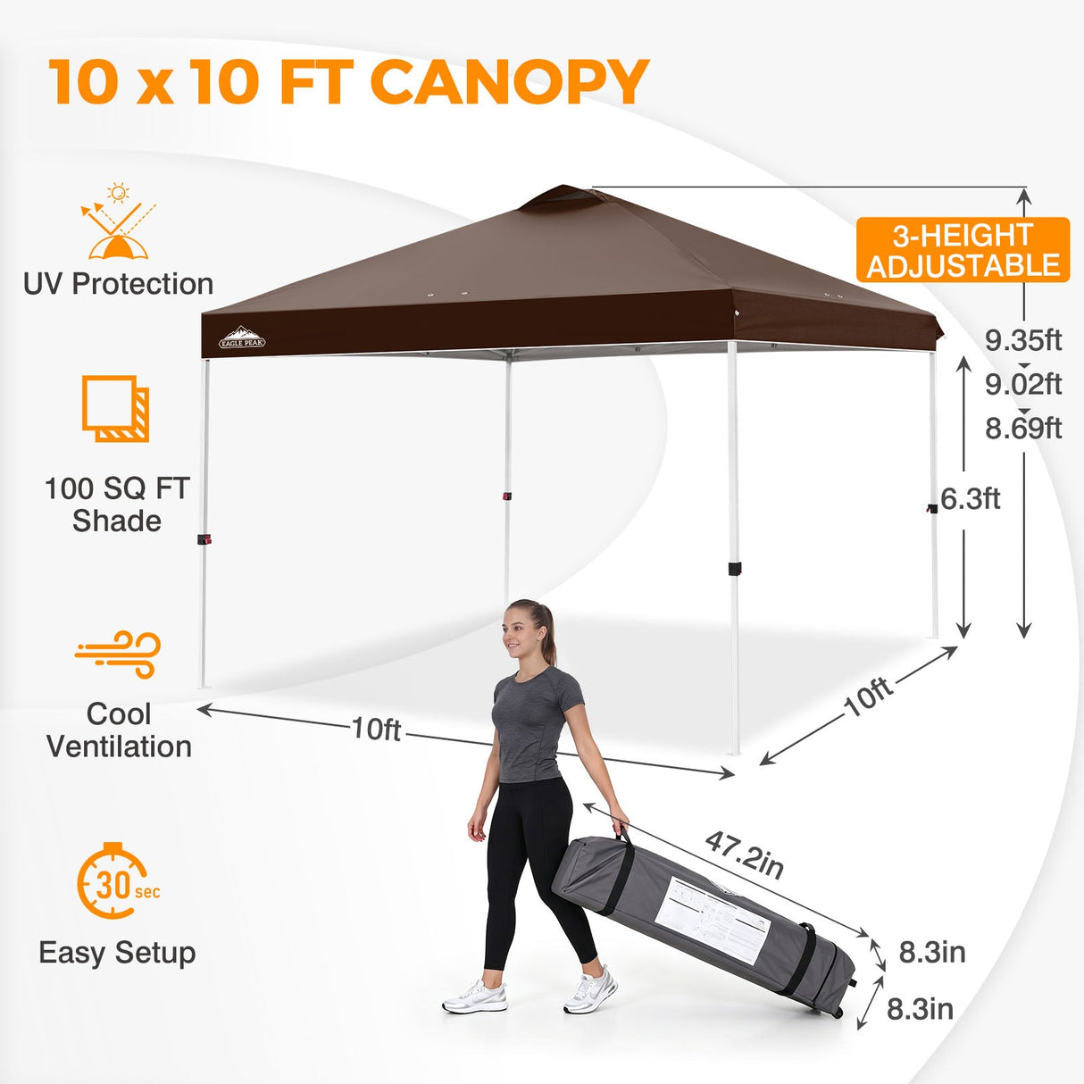 Easy Setup Straight Leg 10x10 Pop Up Canopy Tent w/ 100 sqft of Shade - Eagle Peak®