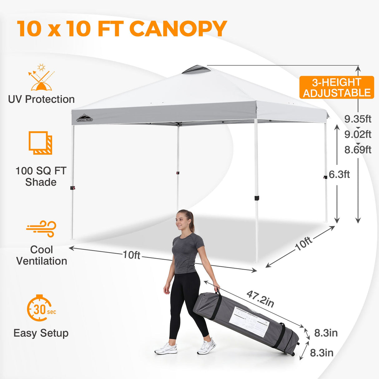 Easy Setup Straight Leg 10x10 Pop Up Canopy Tent w/ 100 sqft of Shade - Eagle Peak®