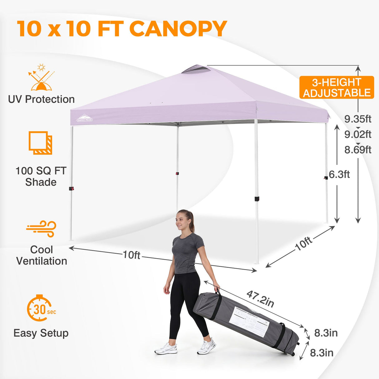 Easy Setup Straight Leg 10x10 Pop Up Canopy Tent w/ 100 sqft of Shade - Eagle Peak®