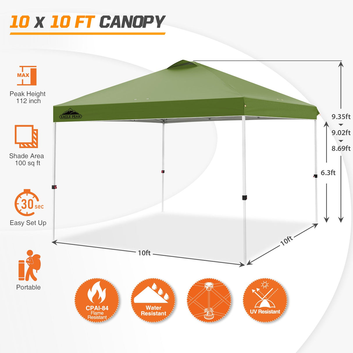 Easy Setup Straight Leg 10x10 Pop Up Canopy Tent w/ 100 sqft of Shade - Eagle Peak Custom Canopy Tent