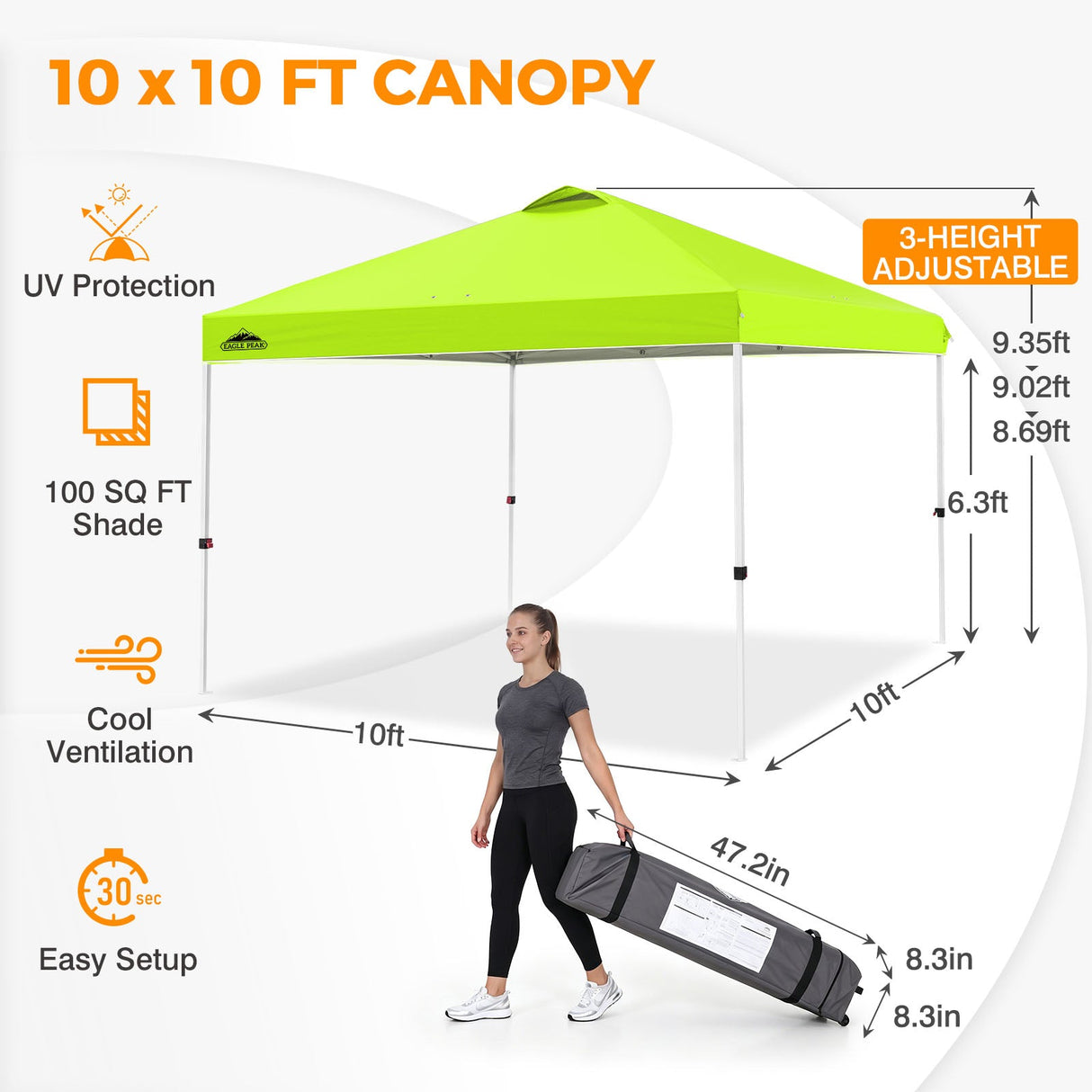 Easy Setup Straight Leg 10x10 Pop Up Canopy Tent w/ 100 sqft of Shade - Eagle Peak®