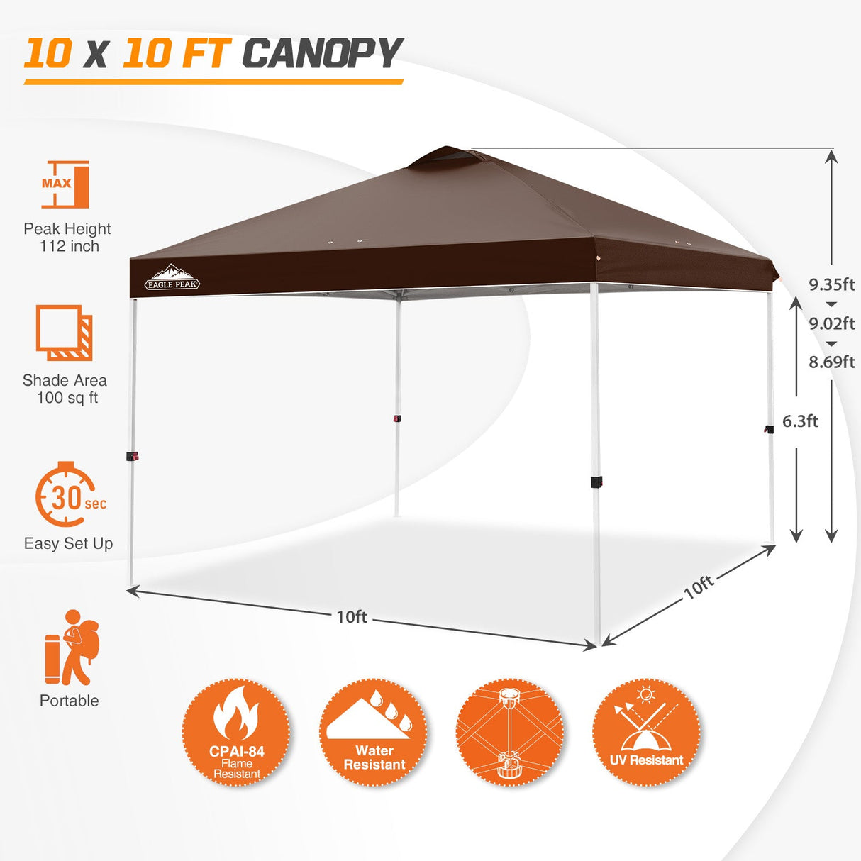 Easy Setup Straight Leg 10x10 Pop Up Canopy Tent w/ 100 sqft of Shade - Eagle Peak Custom Canopy Tent