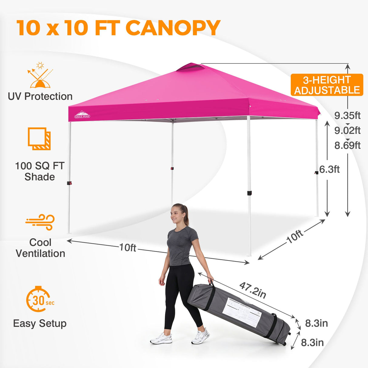 Easy Setup Straight Leg 10x10 Pop Up Canopy Tent w/ 100 sqft of Shade - Eagle Peak®
