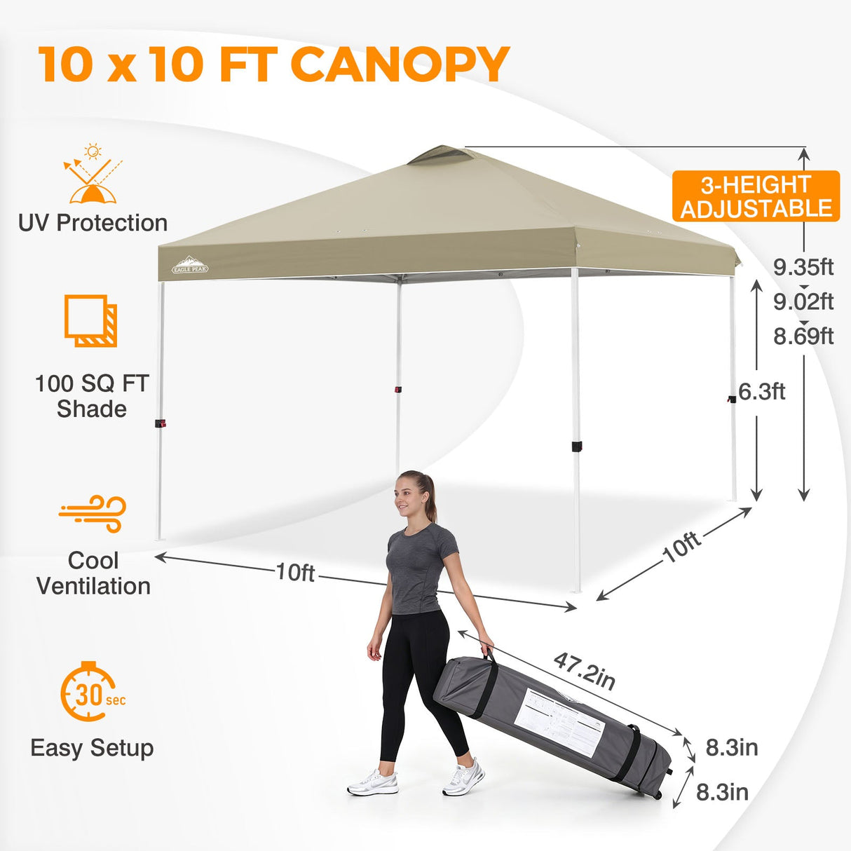 Easy Setup Straight Leg 10x10 Pop Up Canopy Tent w/ 100 sqft of Shade - Eagle Peak®