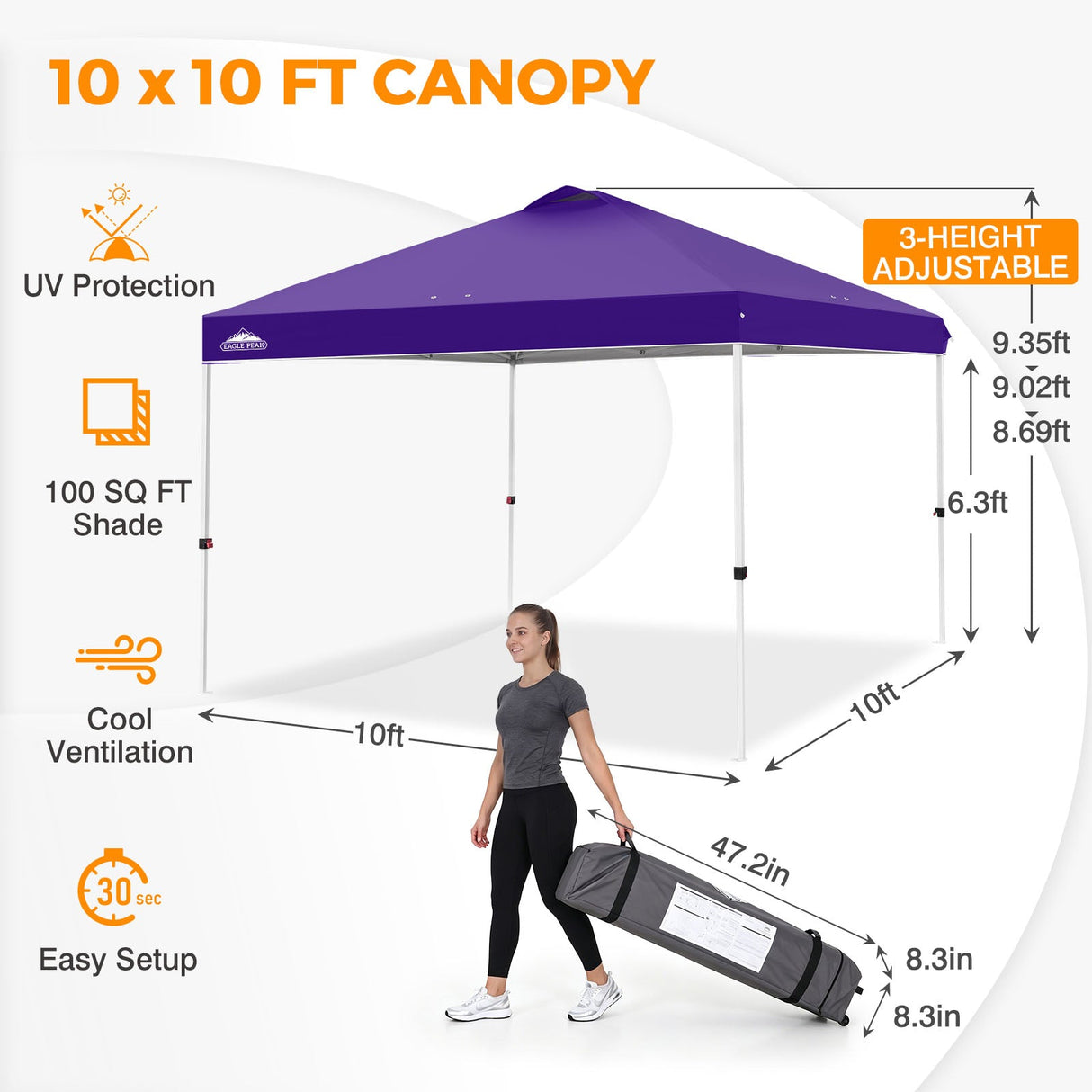 Easy Setup Straight Leg 10x10 Pop Up Canopy Tent w/ 100 sqft of Shade - Eagle Peak®