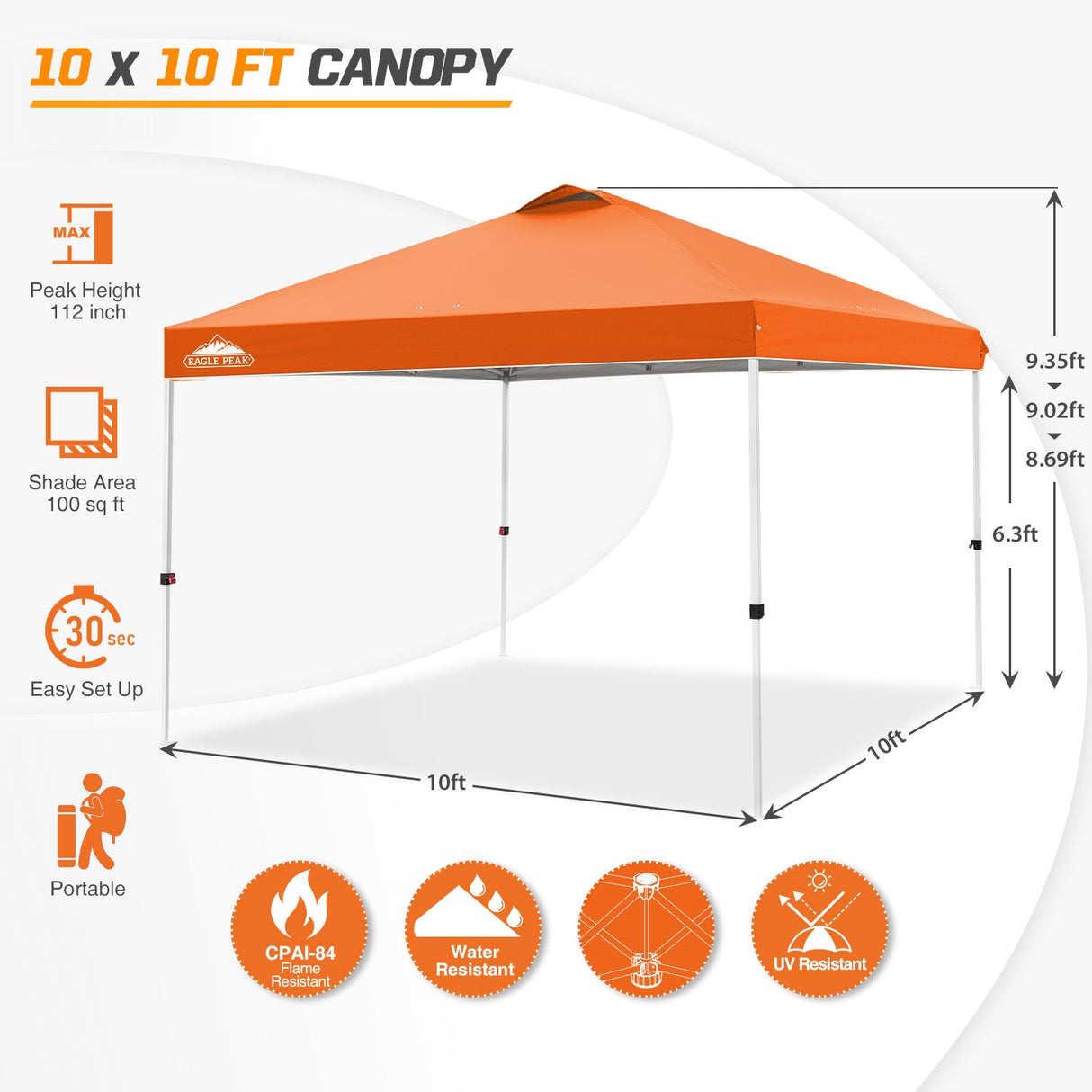 Easy Setup Straight Leg 10x10 Pop Up Canopy Tent w/ 100 sqft of Shade - Eagle Peak Custom Canopy Tent
