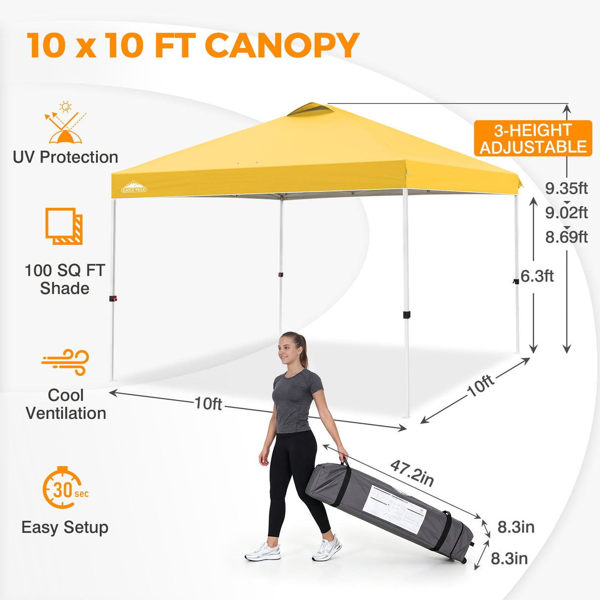 Easy Setup Straight Leg 10x10 Pop Up Canopy Tent w/ 100 sqft of Shade - Eagle Peak®