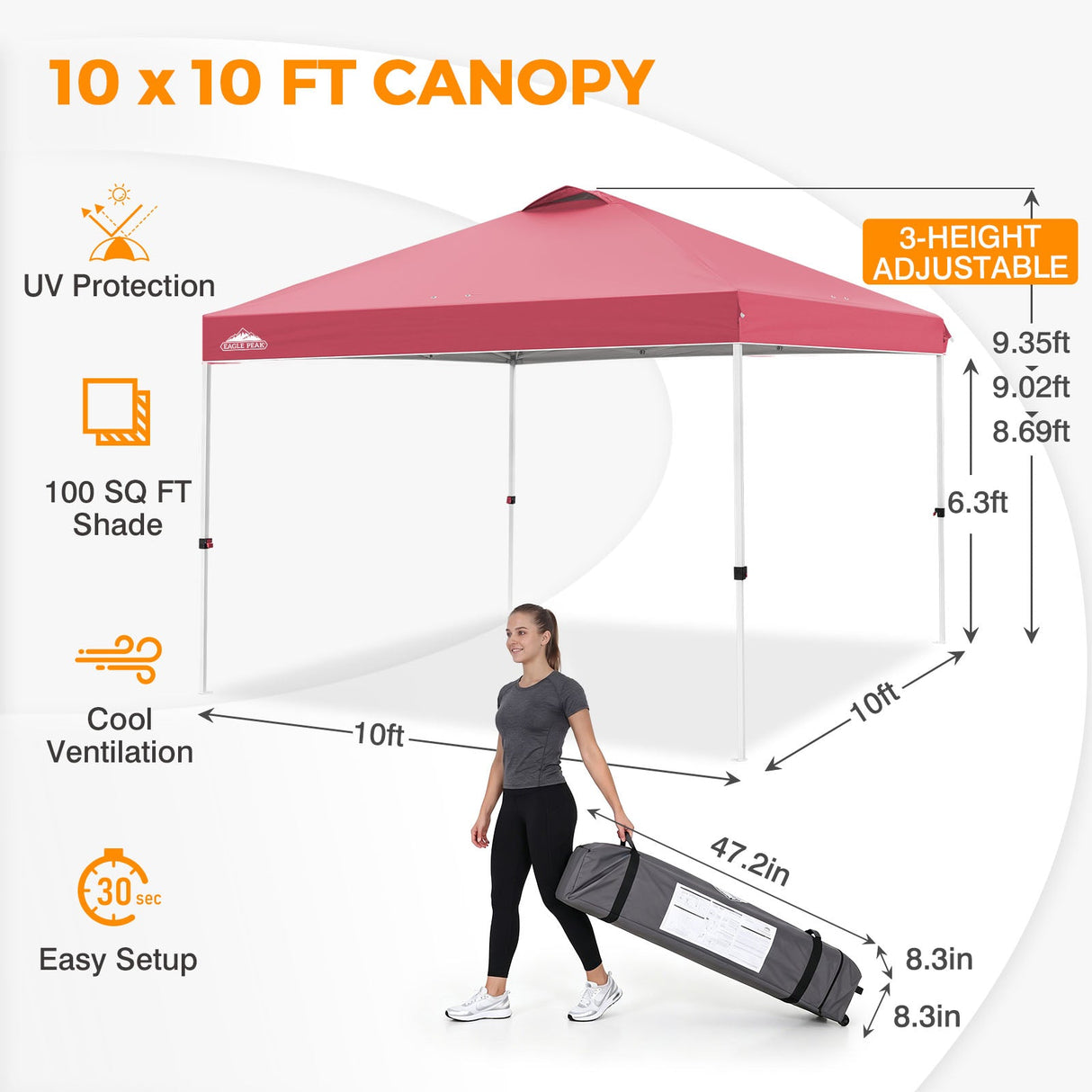 Easy Setup Straight Leg 10x10 Pop Up Canopy Tent w/ 100 sqft of Shade - Eagle Peak®