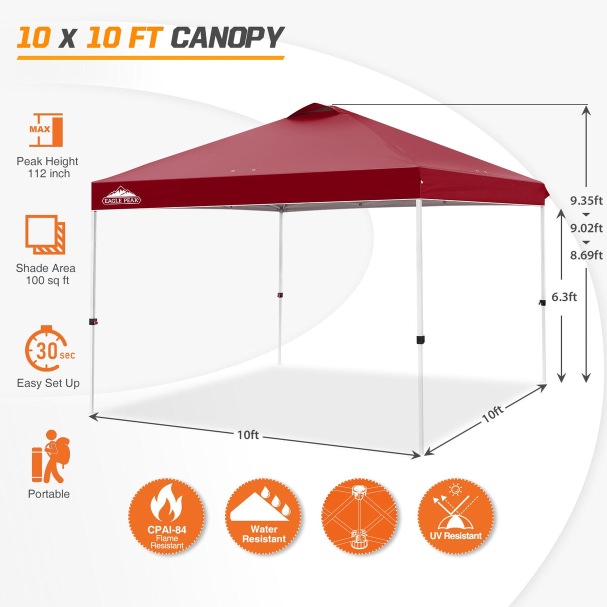 Easy Setup Straight Leg 10x10 Pop Up Canopy Tent w/ 100 sqft of Shade - Eagle Peak Custom Canopy Tent