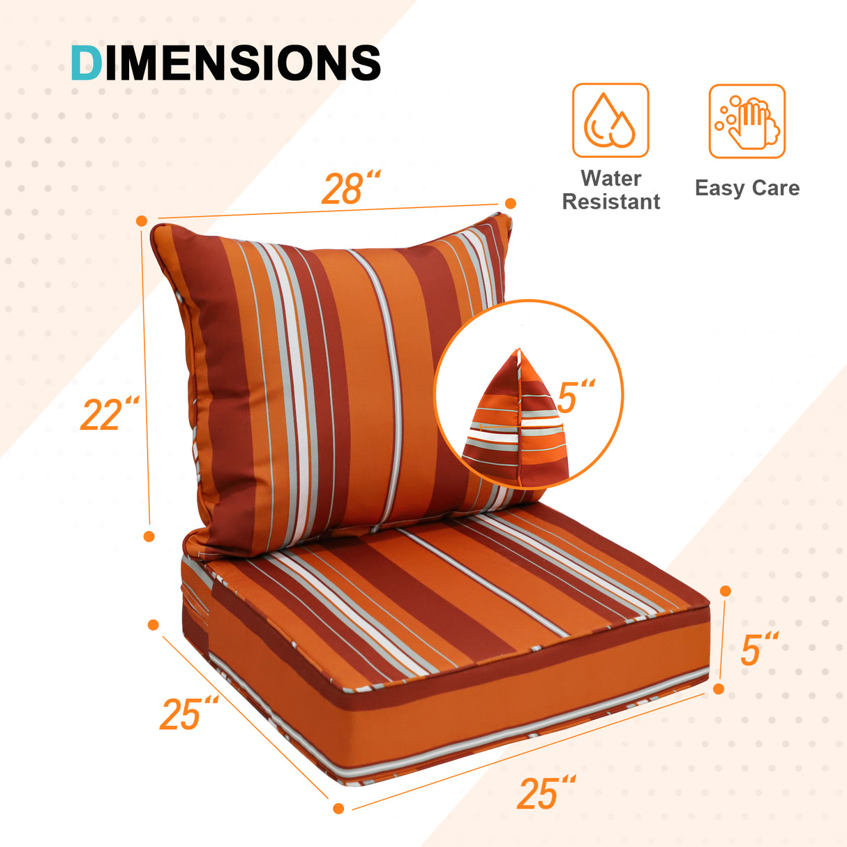 Outdoor Deep Seat Patio Seat Cushion Set, 25x25x5 inch, 2-Piece Back Chair Cushion, 1 Pack