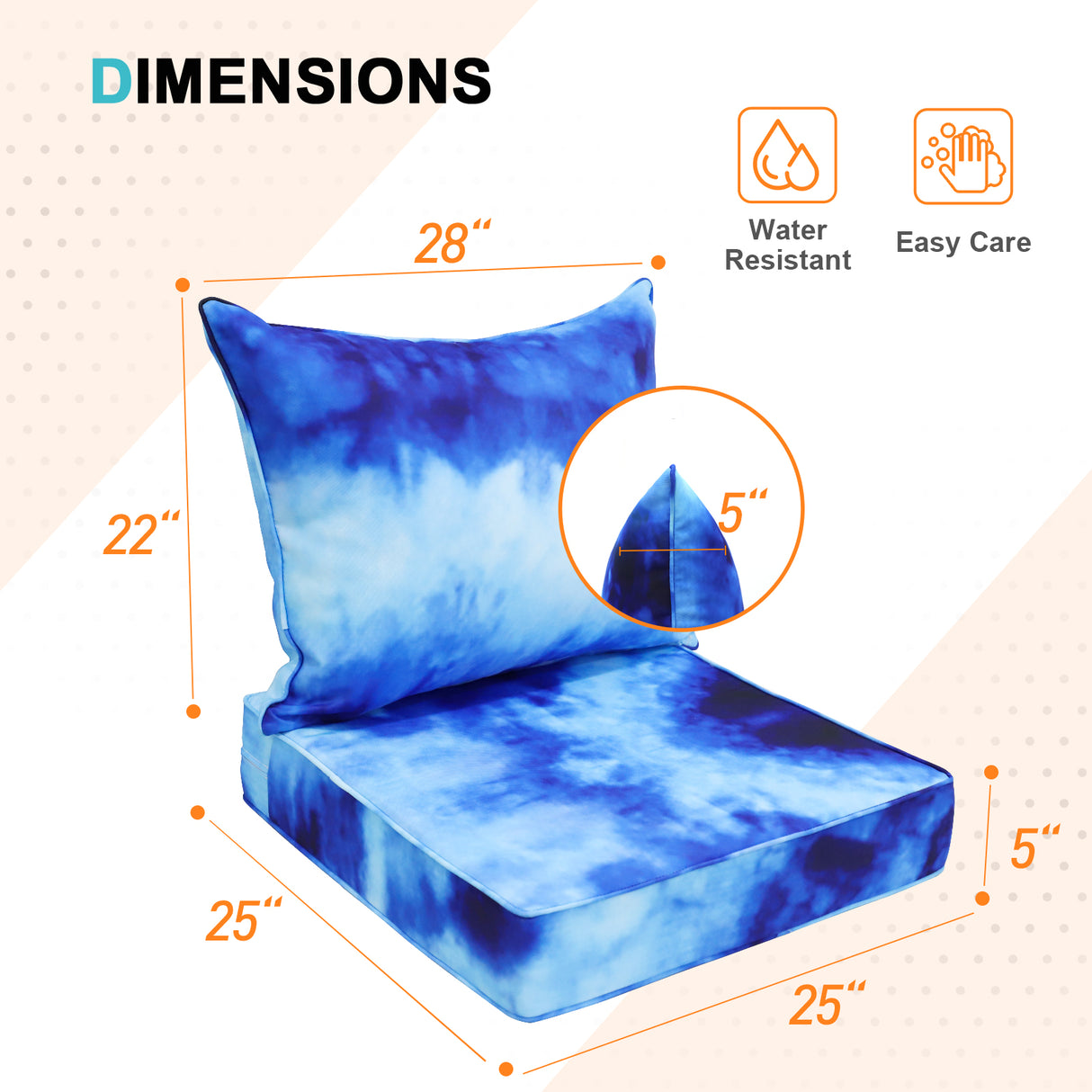 Outdoor Deep Seat Patio Seat Cushion Set, 25x25x5 inch, 2-Piece Back Chair Cushion, 1 Pack