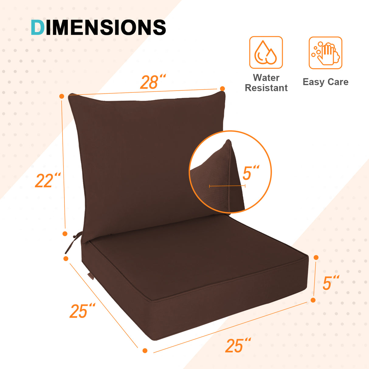 Outdoor Deep Seat Patio Seat Cushion Set, 25x25x5 inch, 2-Piece Back Chair Cushion