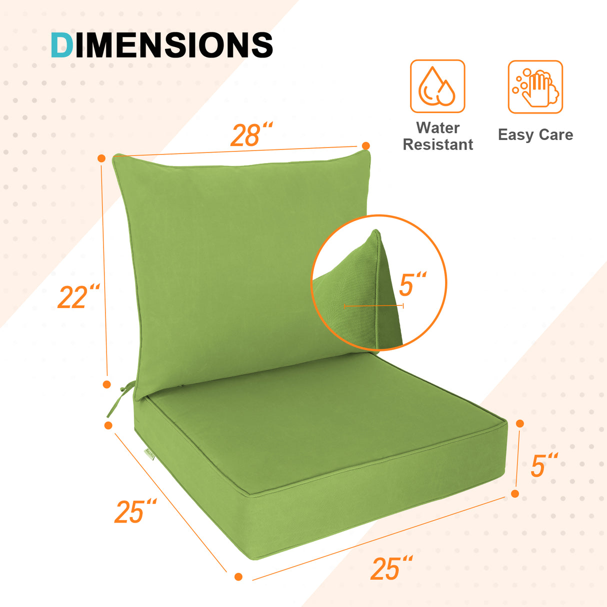 Outdoor Deep Seat Patio Seat Cushion Set, 25x25x5 inch, 2-Piece Back Chair Cushion, 1 Pack