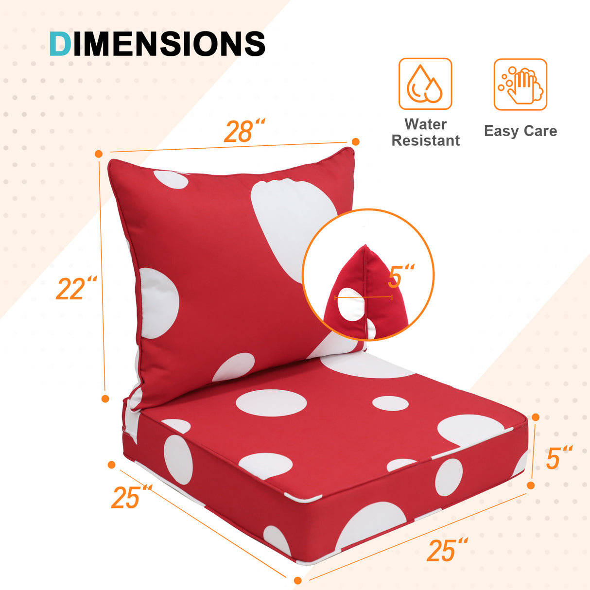 Outdoor Deep Seat Patio Seat Cushion Set, 25x25x5 inch, 2-Piece Back Chair Cushion, 1 Pack