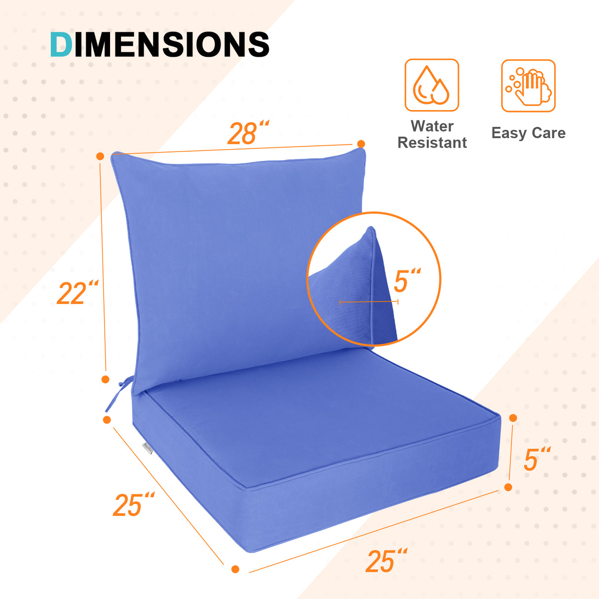 Outdoor Deep Seat Patio Seat Cushion Set, 25x25x5 inch, 2-Piece Back Chair Cushion, 1 Pack