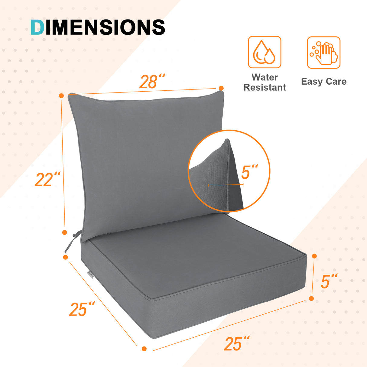 Outdoor Deep Seat Patio Seat Cushion Set, 25x25x5 inch, 2-Piece Back Chair Cushion, 1 Pack