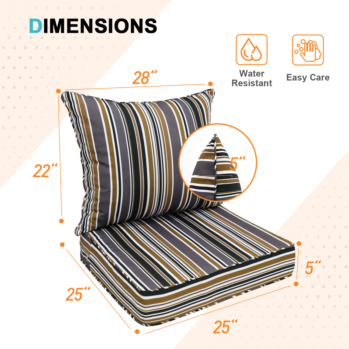 Outdoor Deep Seat Patio Seat Cushion Set, 25x25x5 inch, 2-Piece Back Chair Cushion, 1 Pack