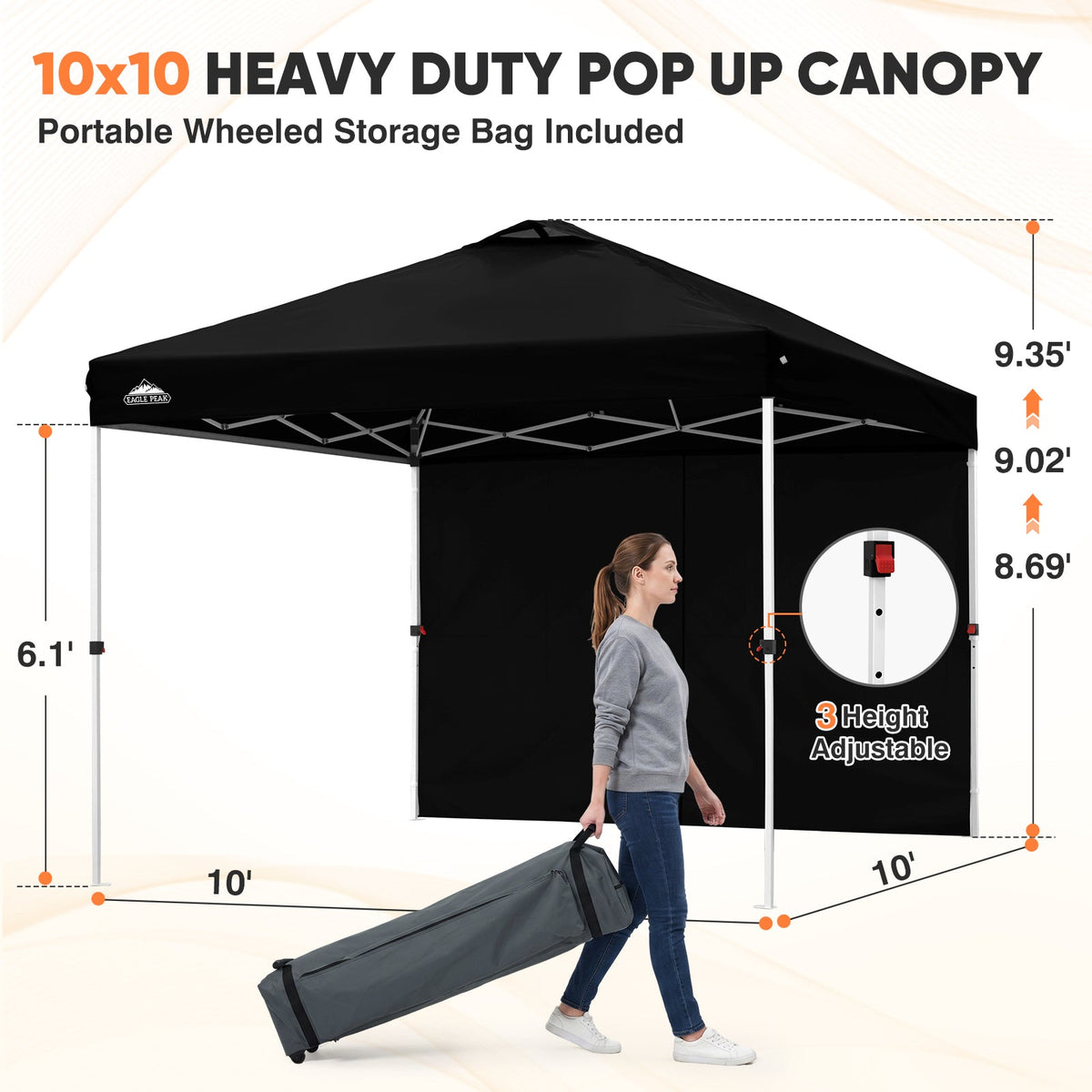 Heavy Duty 10x10 Pop Up Canopy Tent, 1 Canopy Sidewall - Eagle Peak®