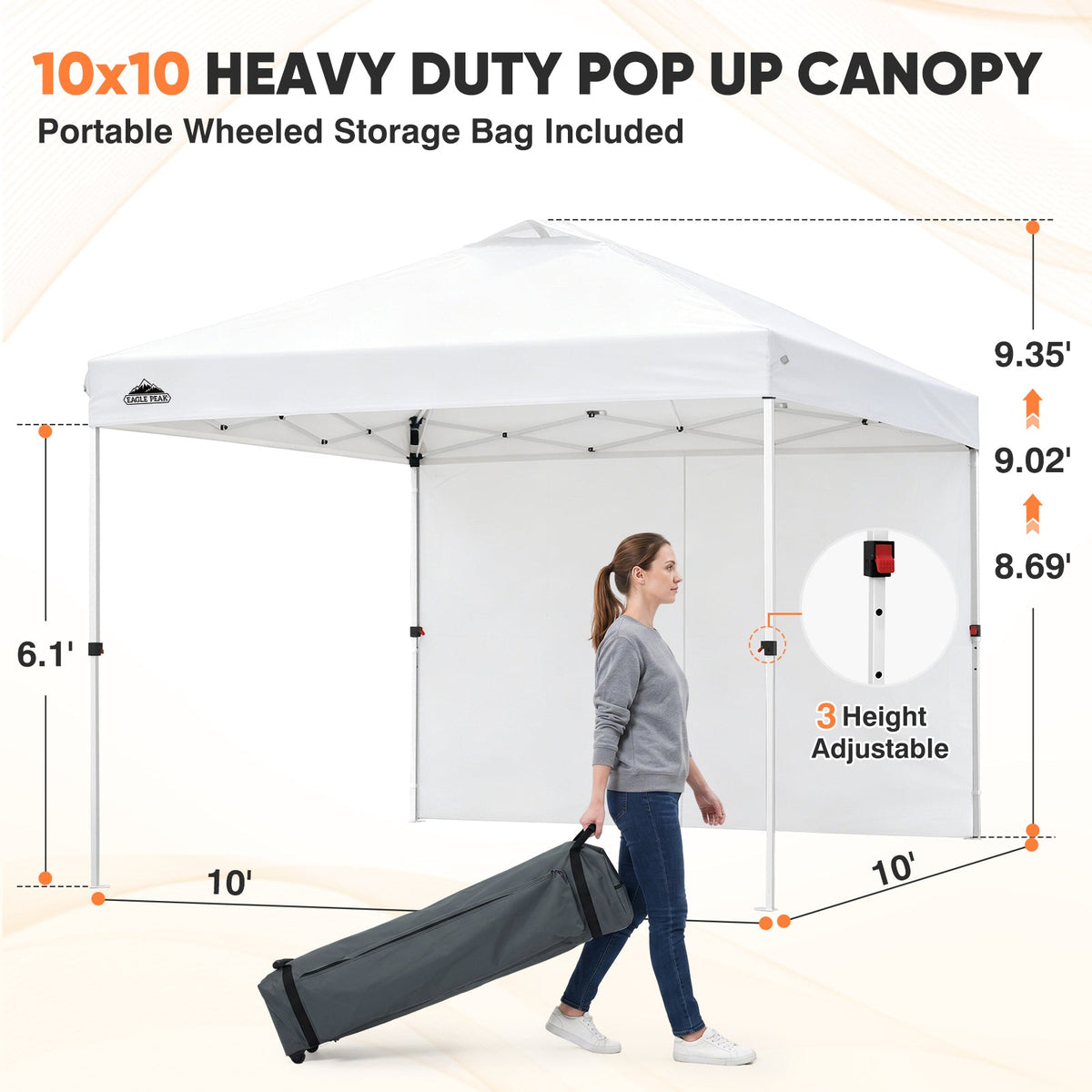 Heavy Duty 10x10 Pop Up Canopy Tent, 1 Canopy Sidewall - Eagle Peak®