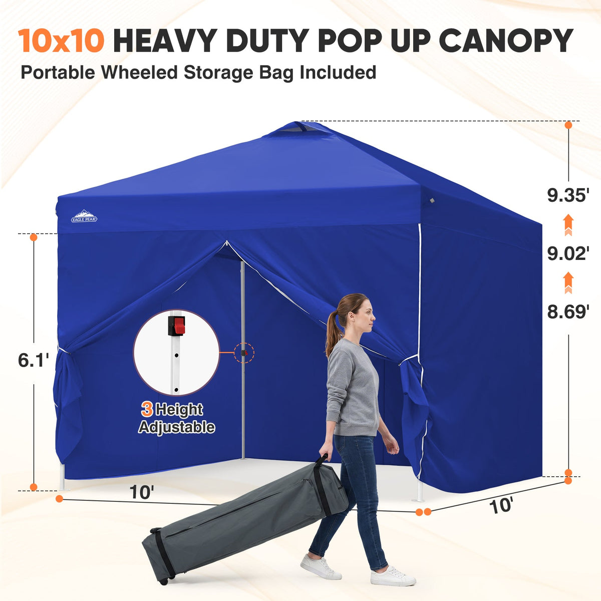 Heavy Duty 10x10 Pop Up Canopy Tent, 4 Canopy Sidewalls - Eagle Peak®
