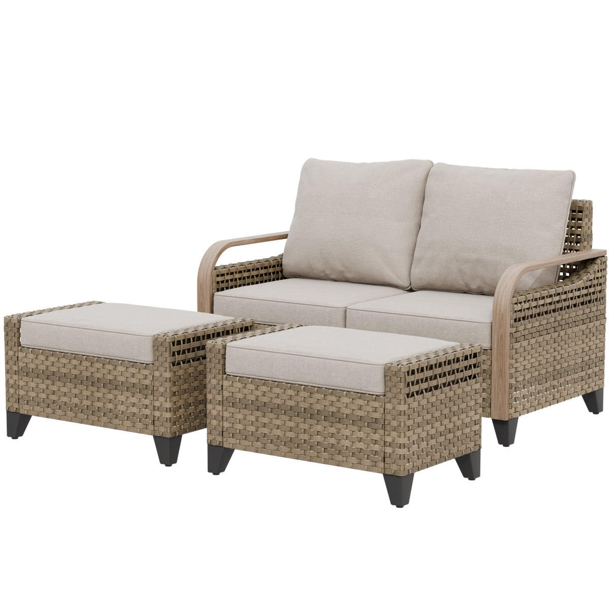 Modern Wicker Outdoor 3 Pieces Patio Furniture Set, 2 - Seat Loveseat and 2 Ottoman - Eagle Peak Custom Canopy Tent