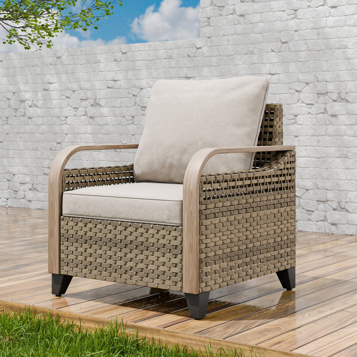 Modern Wicker Outdoor Chair with Cushions, Brown/Gray - Eagle Peak®