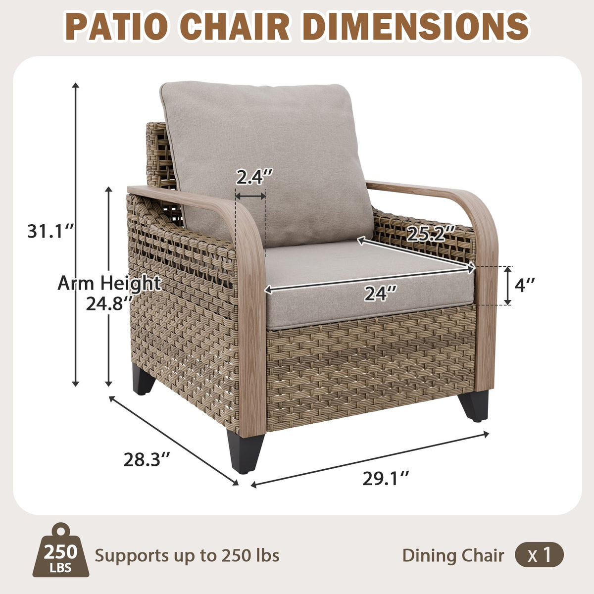 Modern Wicker Outdoor Chair with Cushions, Brown/Gray - Eagle Peak®