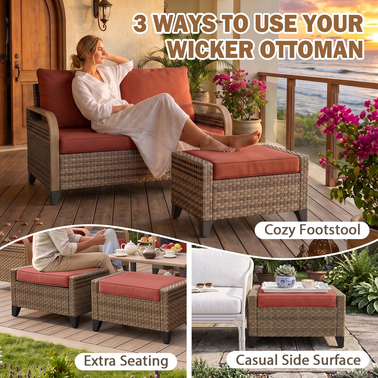 Modern Wicker Outdoor Chair,2 Chairs 2 Ottomans, 4 Pieces, Brown/Gray - Eagle Peak®