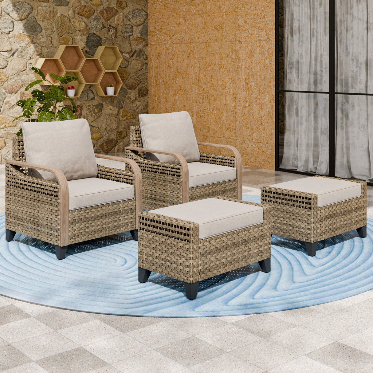 Modern Wicker Outdoor Chair,2 Chairs 2 Ottomans, 4 Pieces, Brown/Gray - Eagle Peak®