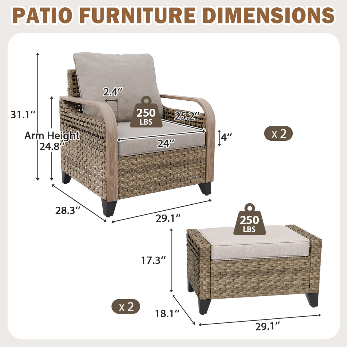 Modern Wicker Outdoor Chair,2 Chairs 2 Ottomans, 4 Pieces, Brown/Gray - Eagle Peak®