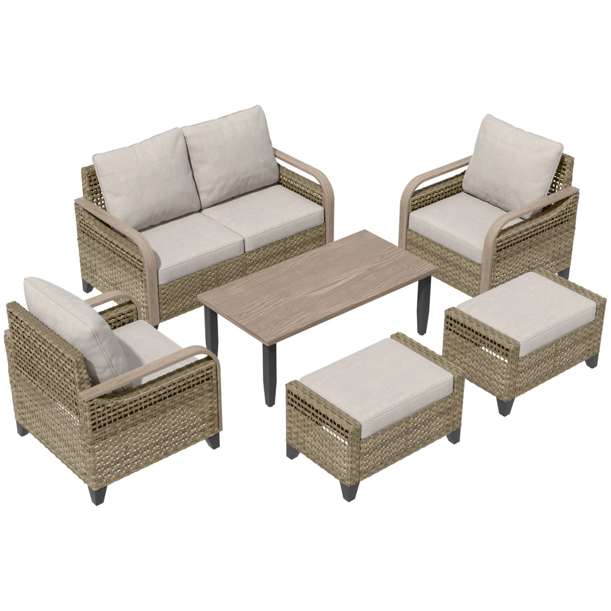 Modern Wicker Outdoor Furniture Set, 2 Patio Chairs, 2-Seat Loveseat, 2 Ottomans and Coffee Table, 6 Pieces, Brown/Gray - Eagle Peak®