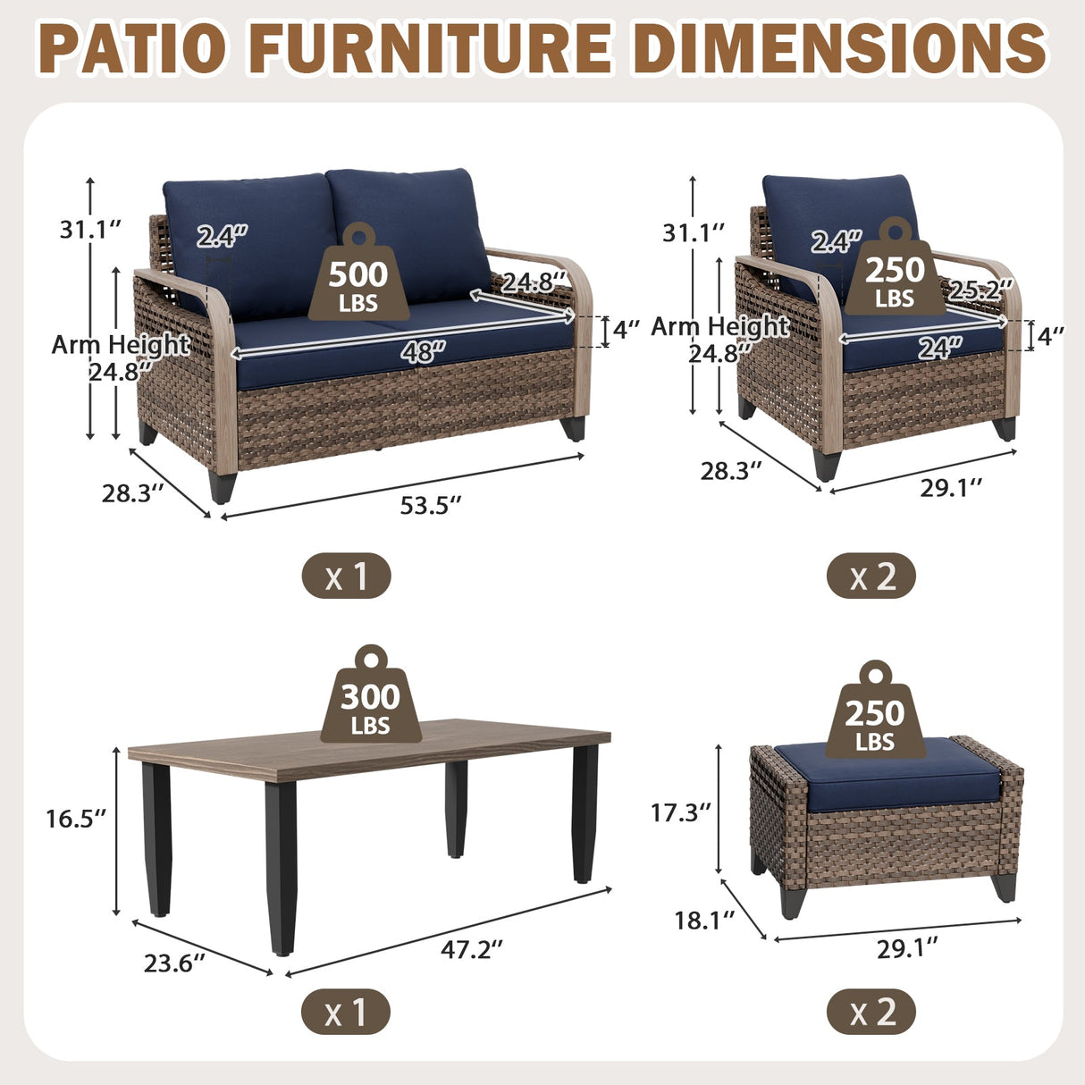 Modern Wicker Outdoor Furniture Set, 2 Patio Chairs, 2-Seat Loveseat, 2 Ottomans and Coffee Table, 6 Pieces, Brown/Gray - Eagle Peak®