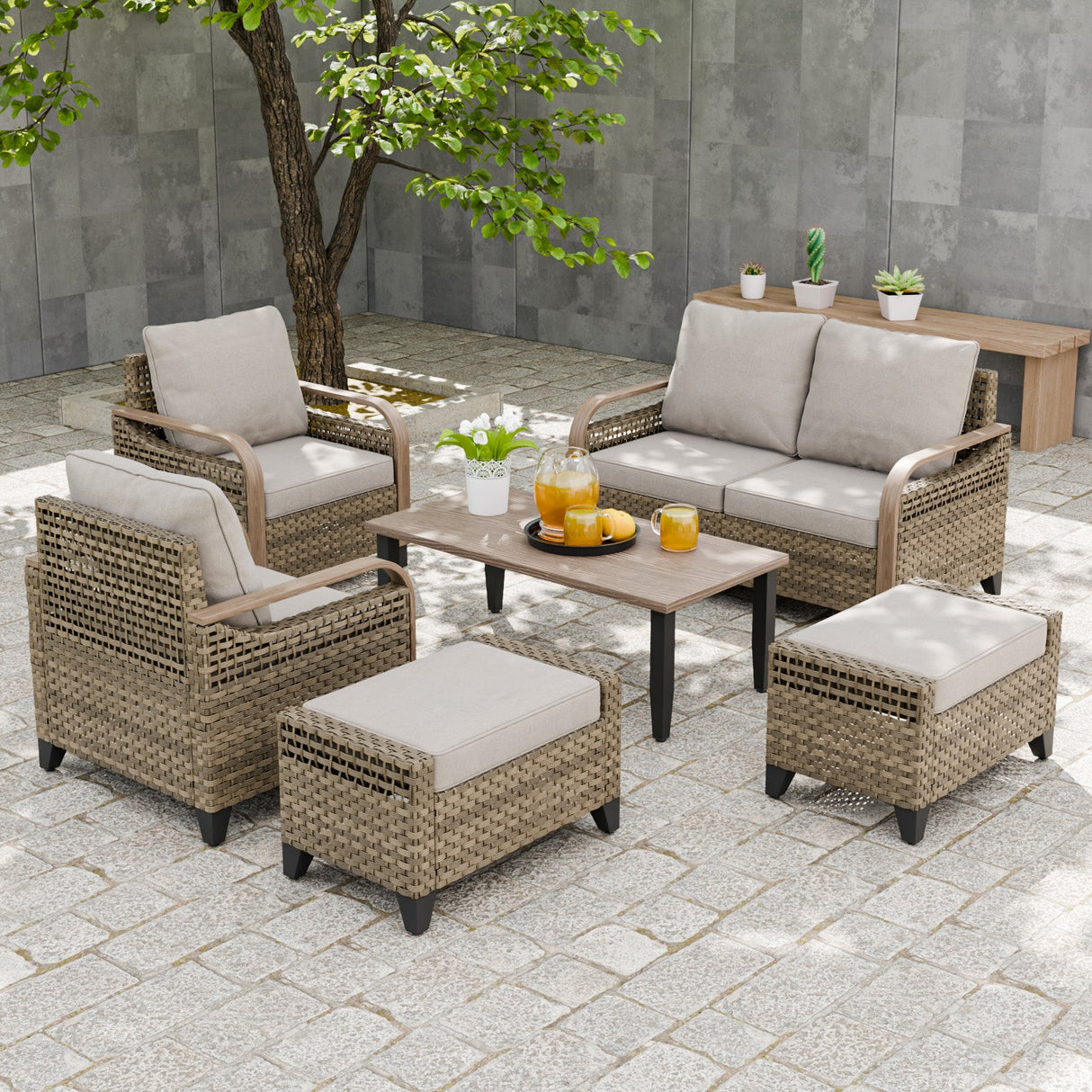 Modern Wicker Outdoor Furniture Set, 2 Patio Chairs, 2-Seat Loveseat, 2 Ottomans and Coffee Table, 6 Pieces, Brown/Gray - Eagle Peak®