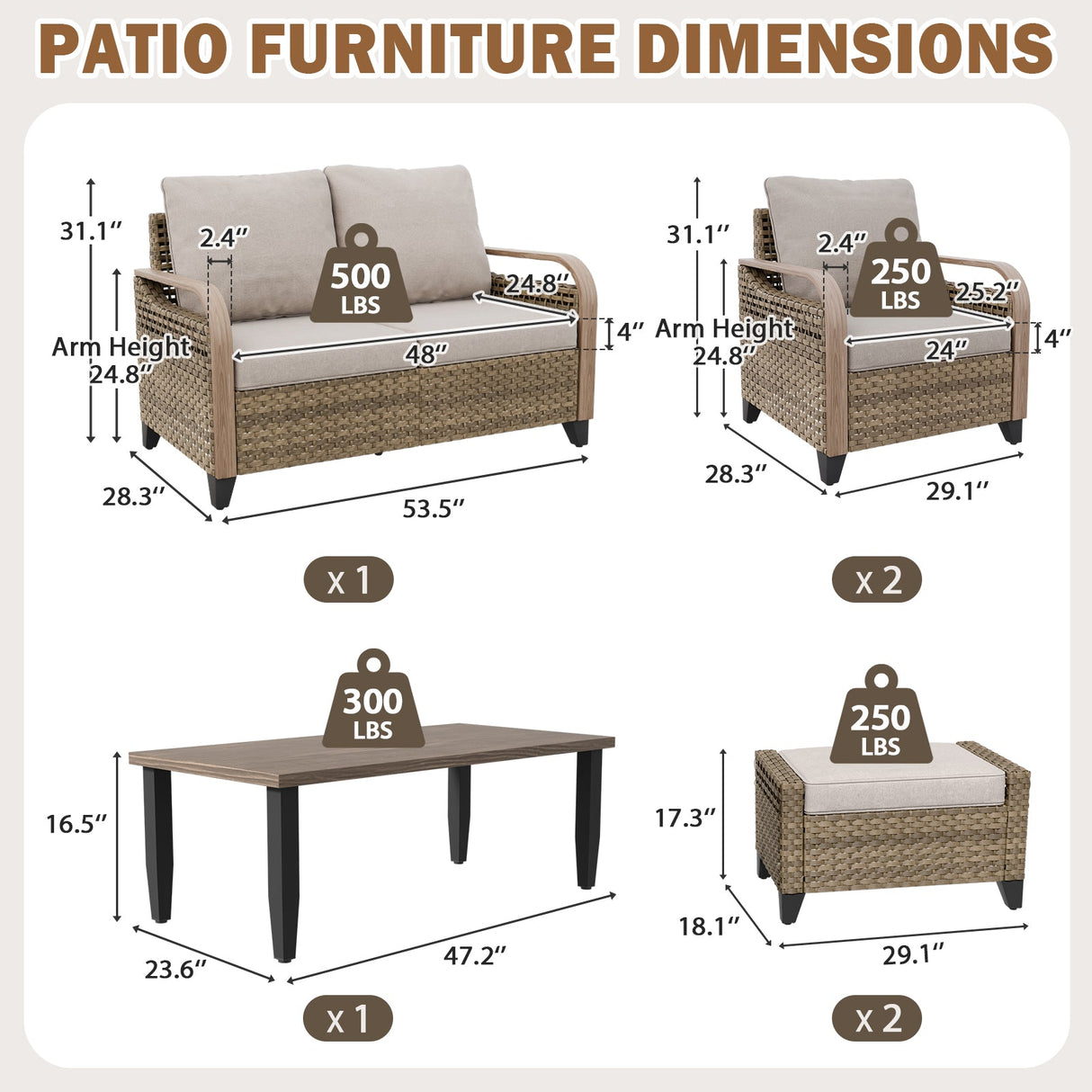 Modern Wicker Outdoor Furniture Set, 2 Patio Chairs, 2-Seat Loveseat, 2 Ottomans and Coffee Table, 6 Pieces, Brown/Gray - Eagle Peak®