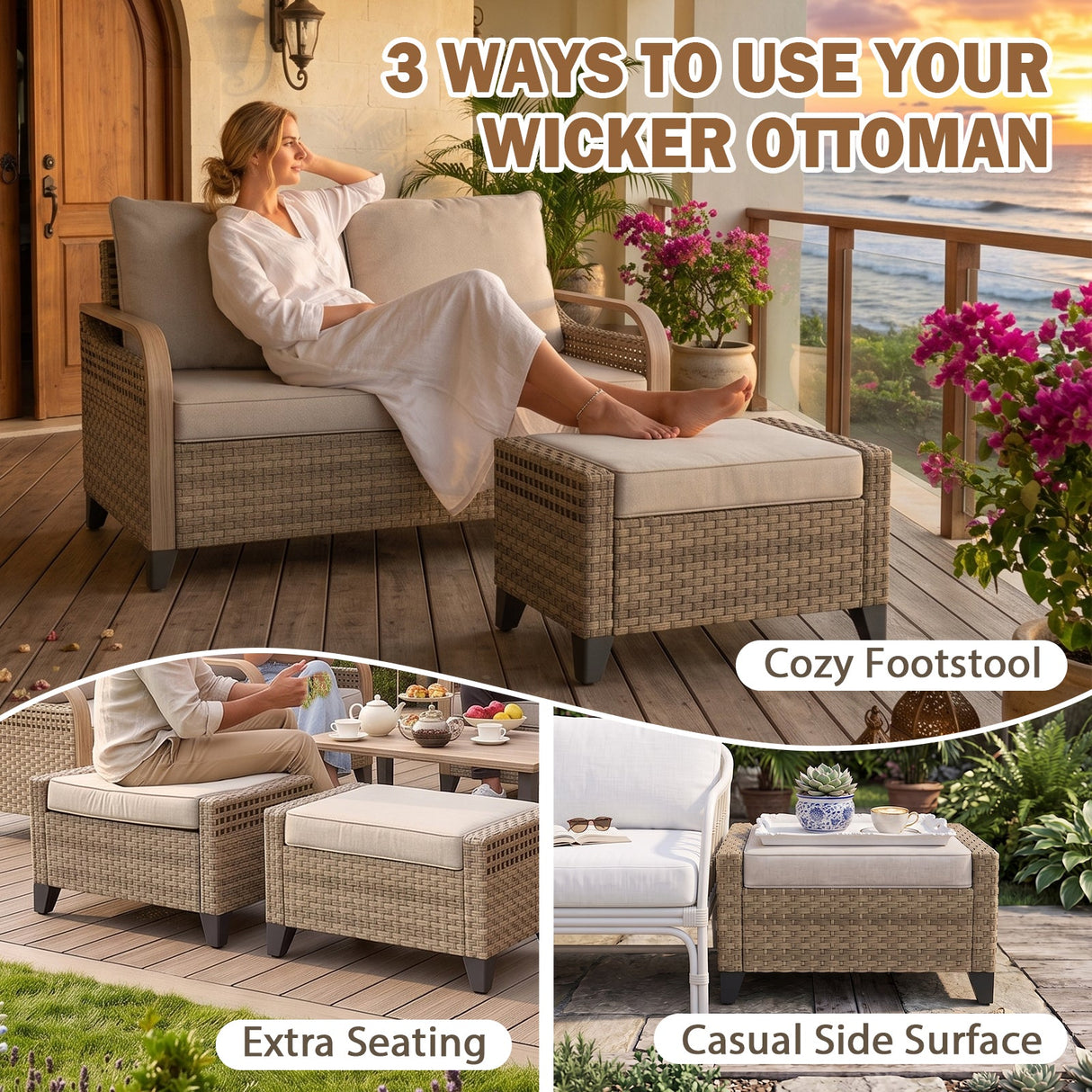 Modern Wicker Outdoor Furniture Set, 2 Patio Chairs, 2-Seat Loveseat, 2 Ottomans and Coffee Table, 6 Pieces, Brown/Gray - Eagle Peak®