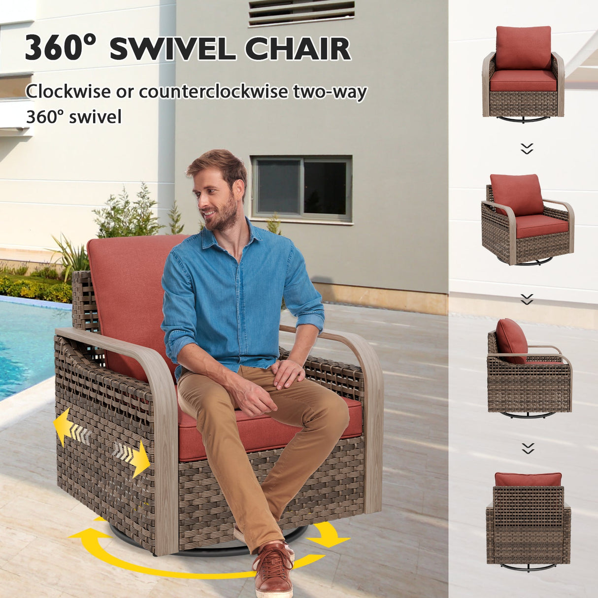 Modern Wicker Outdoor Furniture Set,4 Swivel Rocker Chairs, 3 - Seat Loveseat, 2 Ottomans, Coffee Table and Side Table, 9 Pieces, Brown/Gray - Eagle Peak Custom Canopy Tent