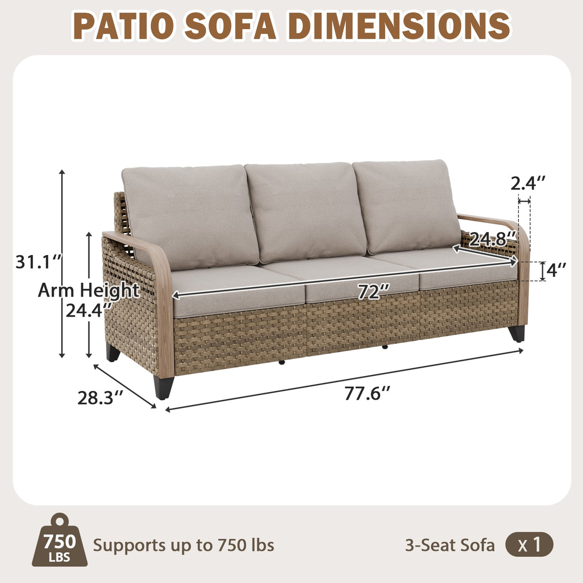 Modern Wicker Outdoor Patio 3 Seat Sofa, Brown/Gray - Eagle Peak®