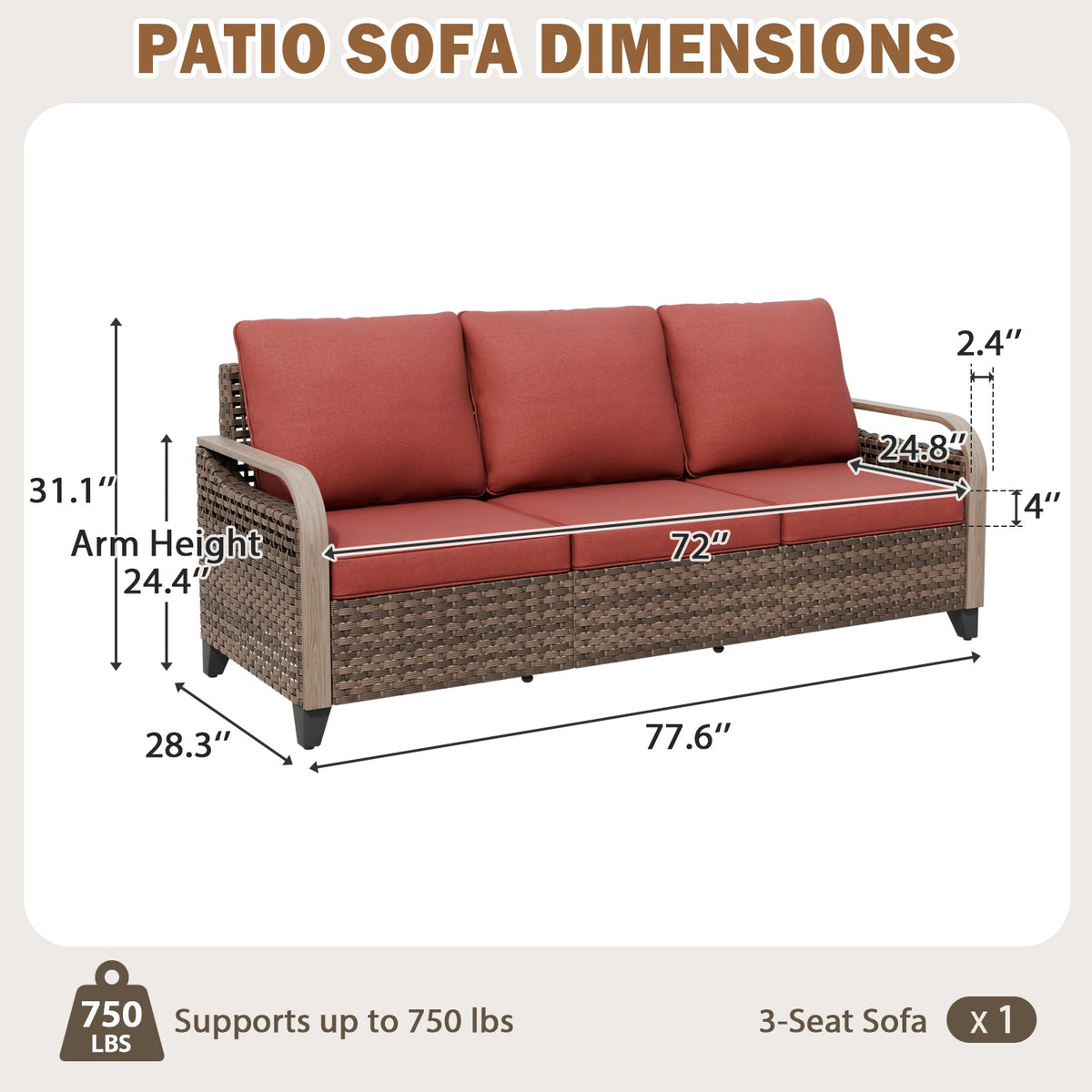 Modern Wicker Outdoor Patio 3 Seat Sofa, Brown/Gray - Eagle Peak®