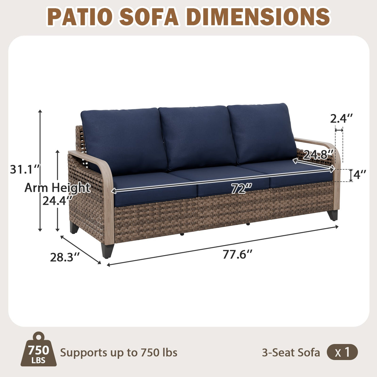 Modern Wicker Outdoor Patio 3 Seat Sofa, Brown/Gray - Eagle Peak®