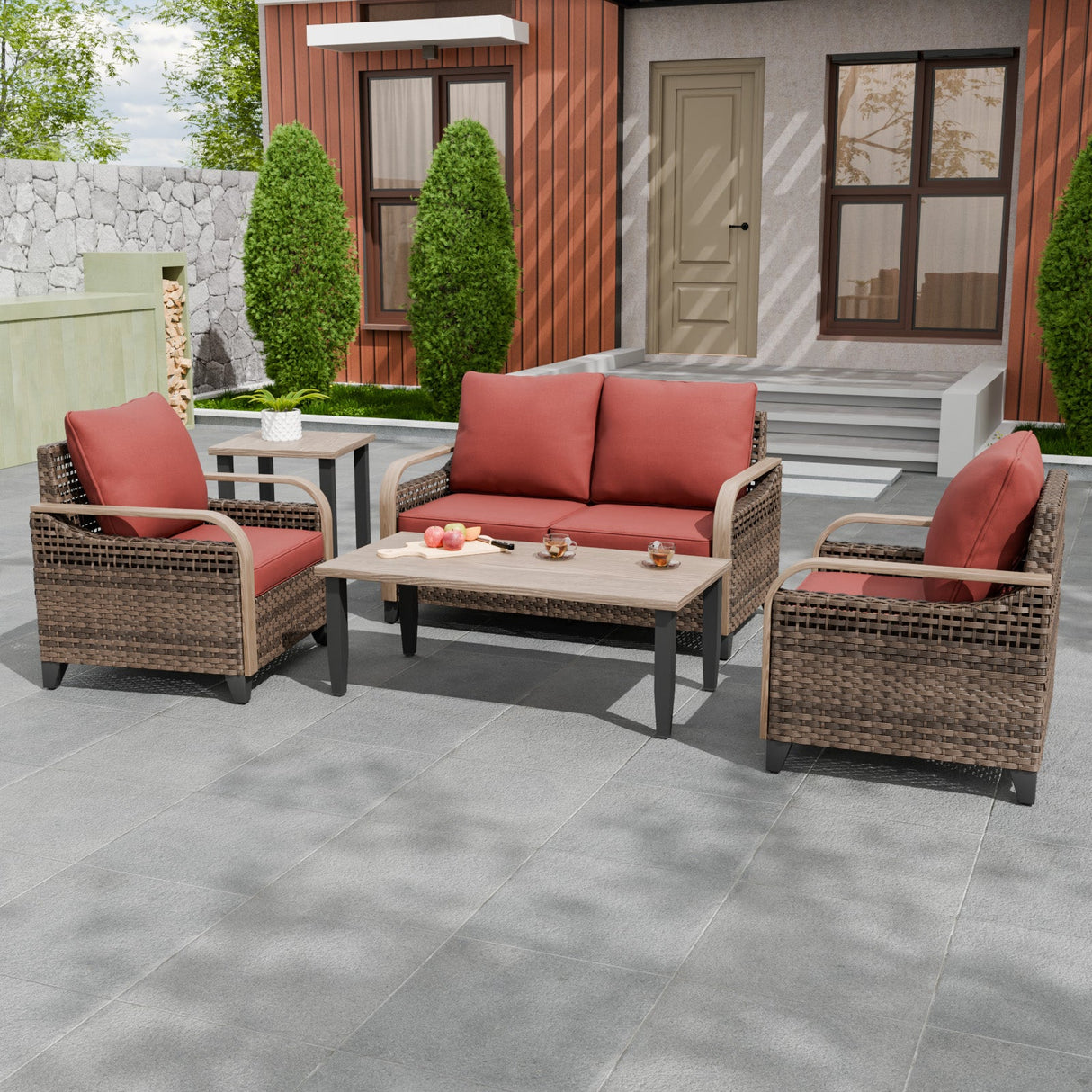 Modern Wicker Outdoor Patio Furniture Set,2 Patio Chairs, 2 - Seat Loveseat, Coffee Table and Side Table, 5 Pieces, Brown/Gray - Eagle Peak Custom Canopy Tent