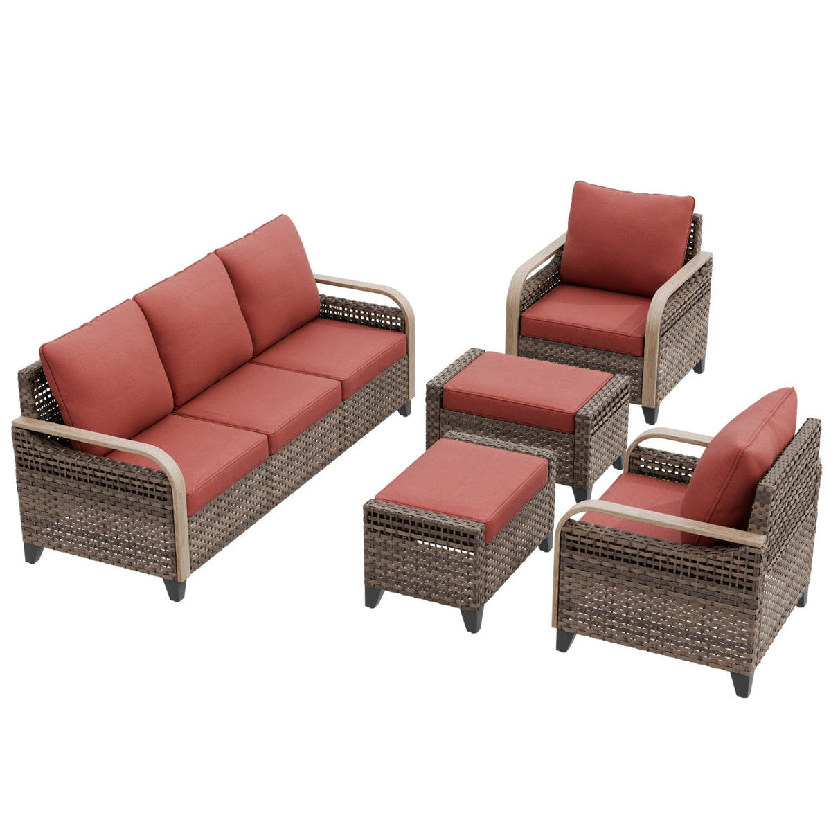 Modern Wicker Outdoor Patio Furniture Set,2 Patio Chairs, 3-Seat Loveseat and 2 Ottomans, 5 Pieces, Brown/Gray - Eagle Peak®