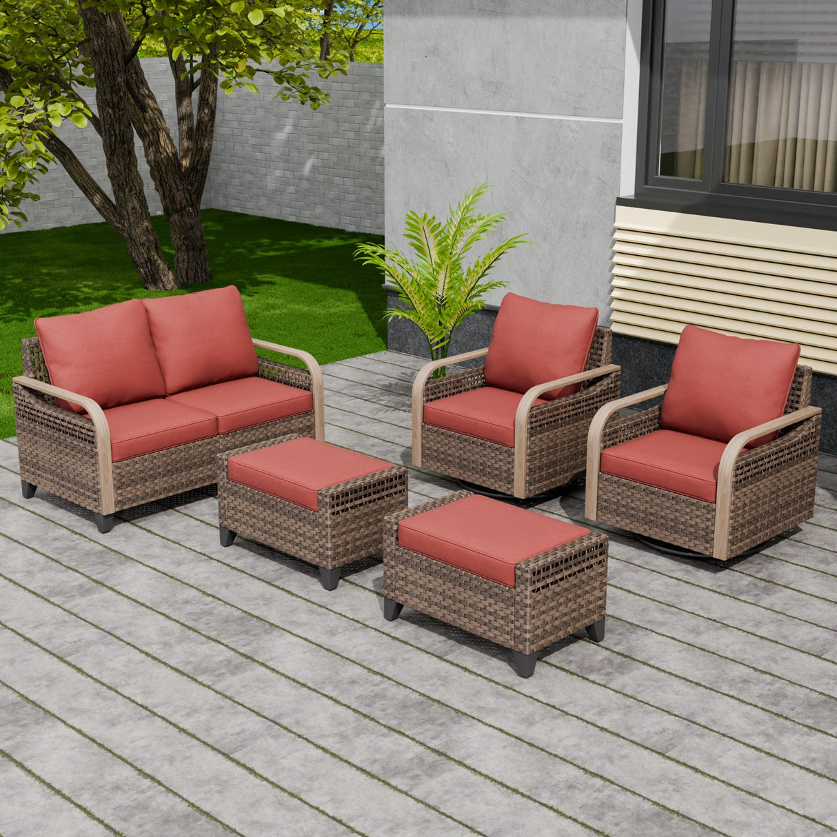 Modern Wicker Outdoor Patio Furniture Set,2 Swivel Rocking Chairs, 2 - Seat Loveseat and 2 Ottomans, 5 Pieces, Brown/Gray - Eagle Peak Custom Canopy Tent