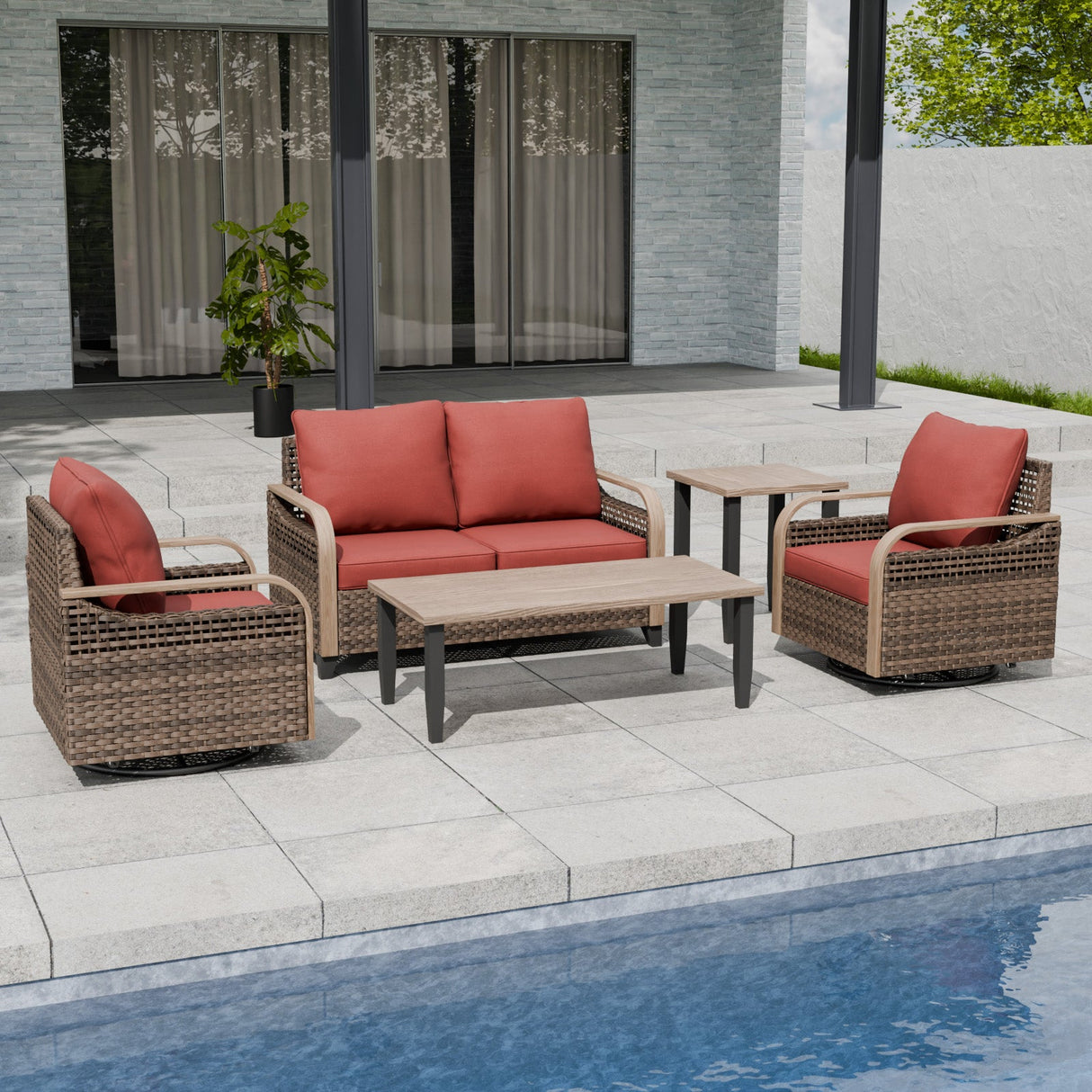 Modern Wicker Outdoor Patio Furniture Set,2 Swivel Rocking Chairs, 2 - Seat Loveseat, Coffee Table and Side Table, 5 Pieces, Brown/Gray - Eagle Peak Custom Canopy Tent