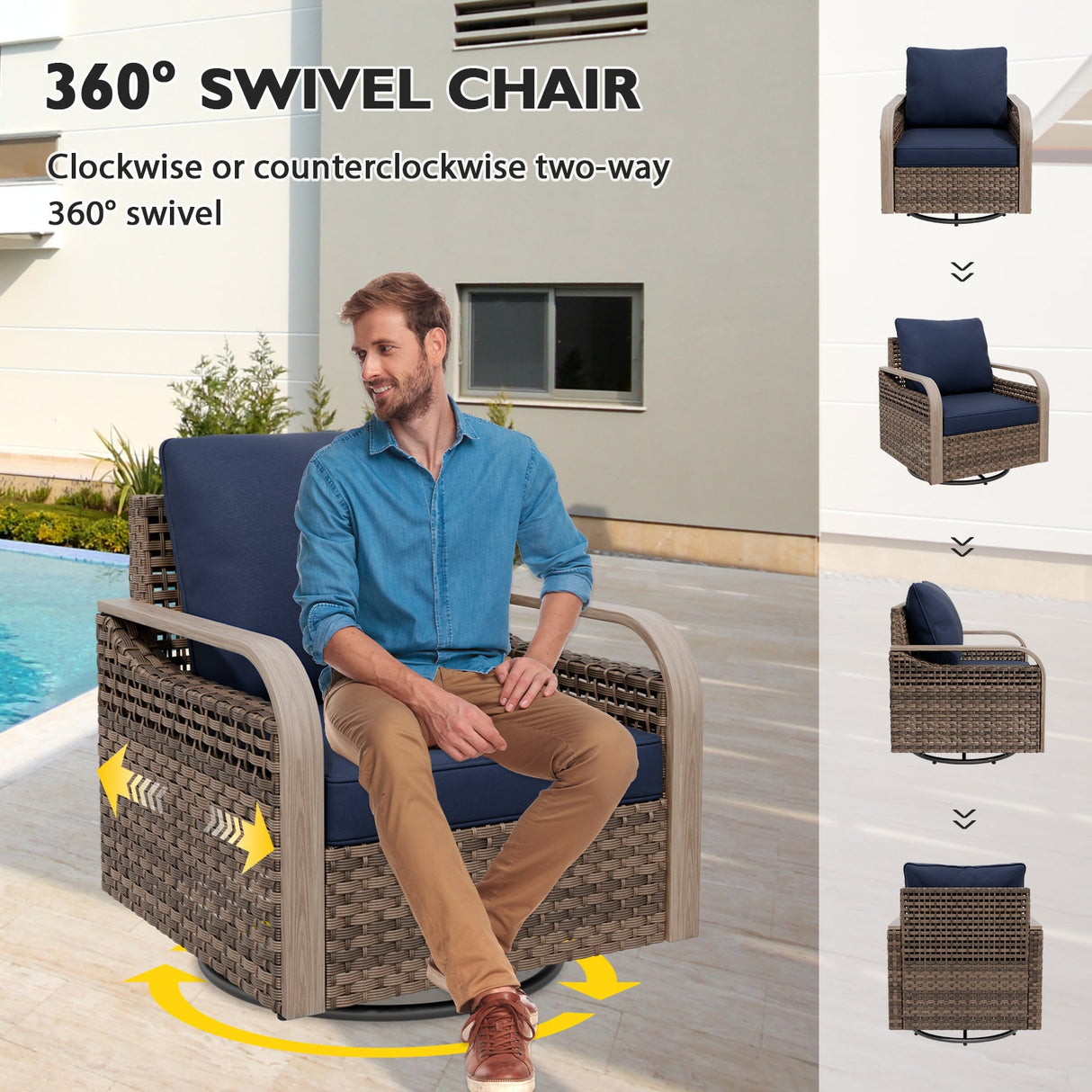 Modern Wicker Outdoor Patio Furniture Set,2 Swivel Rocking Chairs, 3 - Seat Loveseat, 2 Ottomans and Coffee Table, 6 Pieces, Brown/Gray - Eagle Peak Custom Canopy Tent