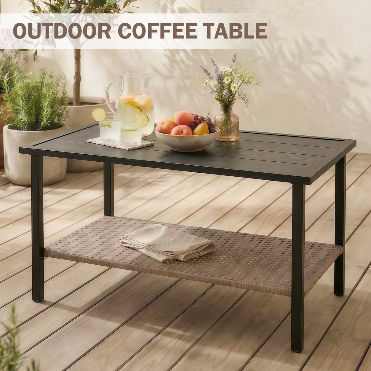 Mojave Dusk Patio Side Table/Coffee Table with Wood Grain Top and Wicker Shelf - Eagle Peak Custom Canopy Tent