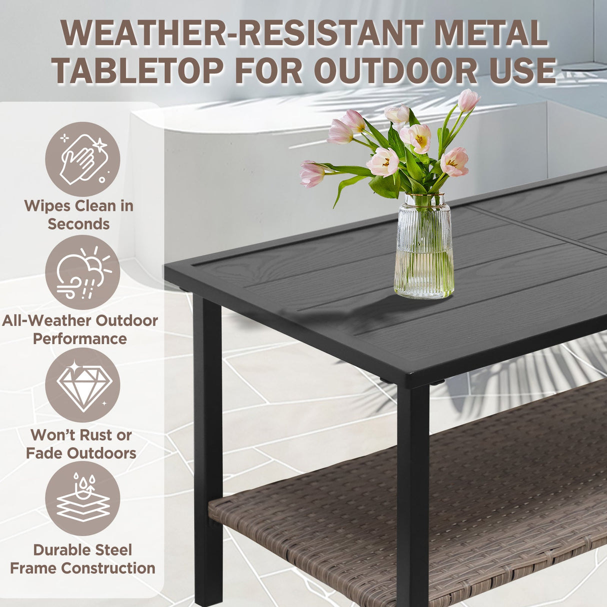 Mojave Dusk Patio Side Table/Coffee Table with Wood Grain Top and Wicker Shelf - Eagle Peak Custom Canopy Tent