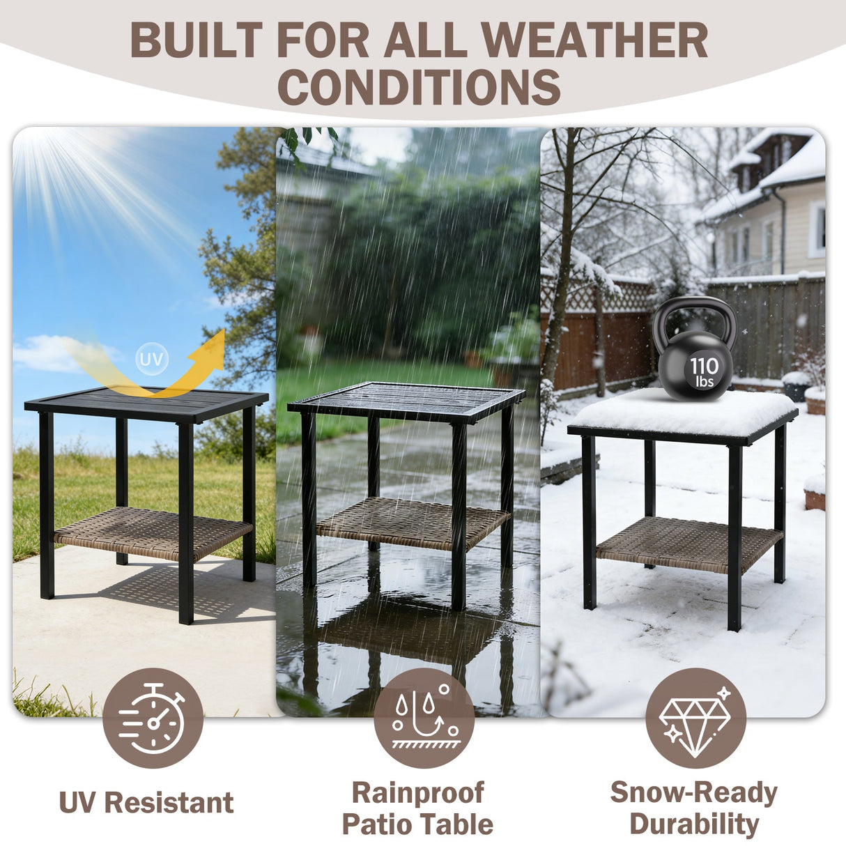 Mojave Dusk Patio Side Table/Coffee Table with Wood Grain Top and Wicker Shelf - Eagle Peak Custom Canopy Tent