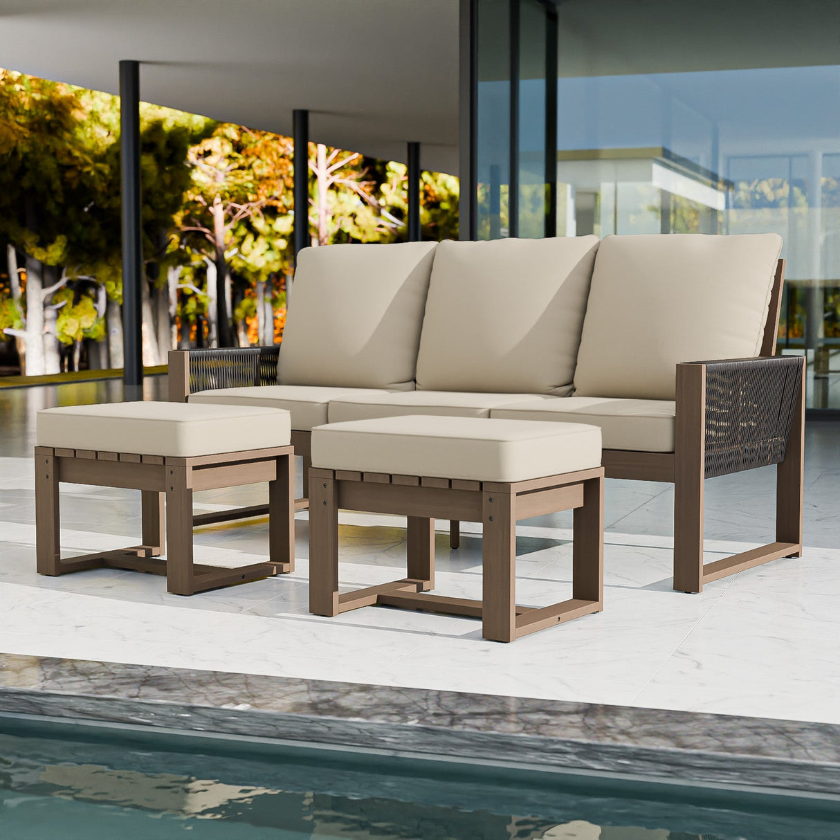 Natural Wood Furniture Set, Sofa and Ottomans, 3 Pieces - Eagle Peak Custom Canopy Tent