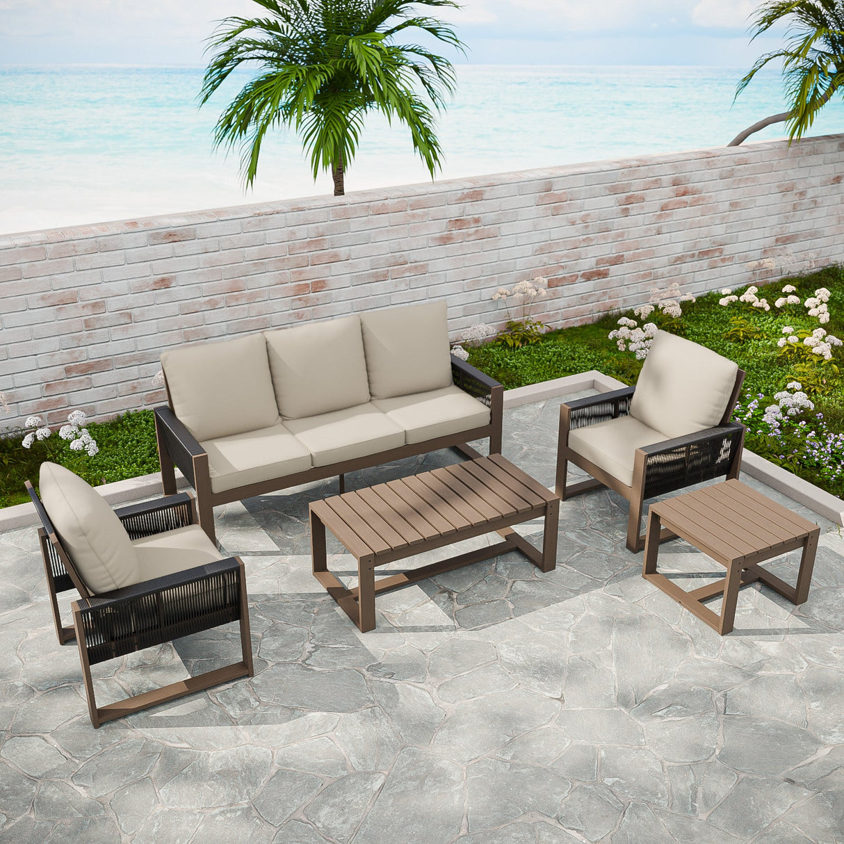 Natural Wood Outdoor Patio Furniture Set, Sofa 2 Patio Chairs, Coffee Table and Side Table, 5 pcs - Eagle Peak Custom Canopy Tent